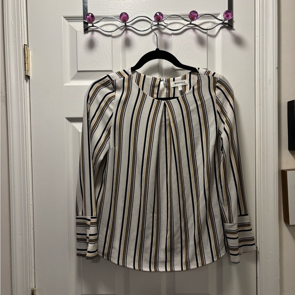 Monteau Black, White, and Gold Striped Blouse